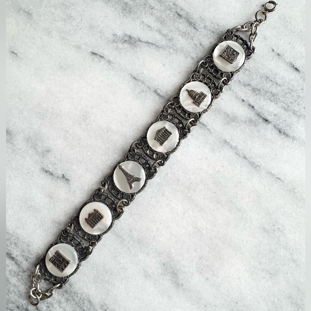 Vintage 1950s Monument Bracelet, Mother of Pearl Discs, Filigree Design
